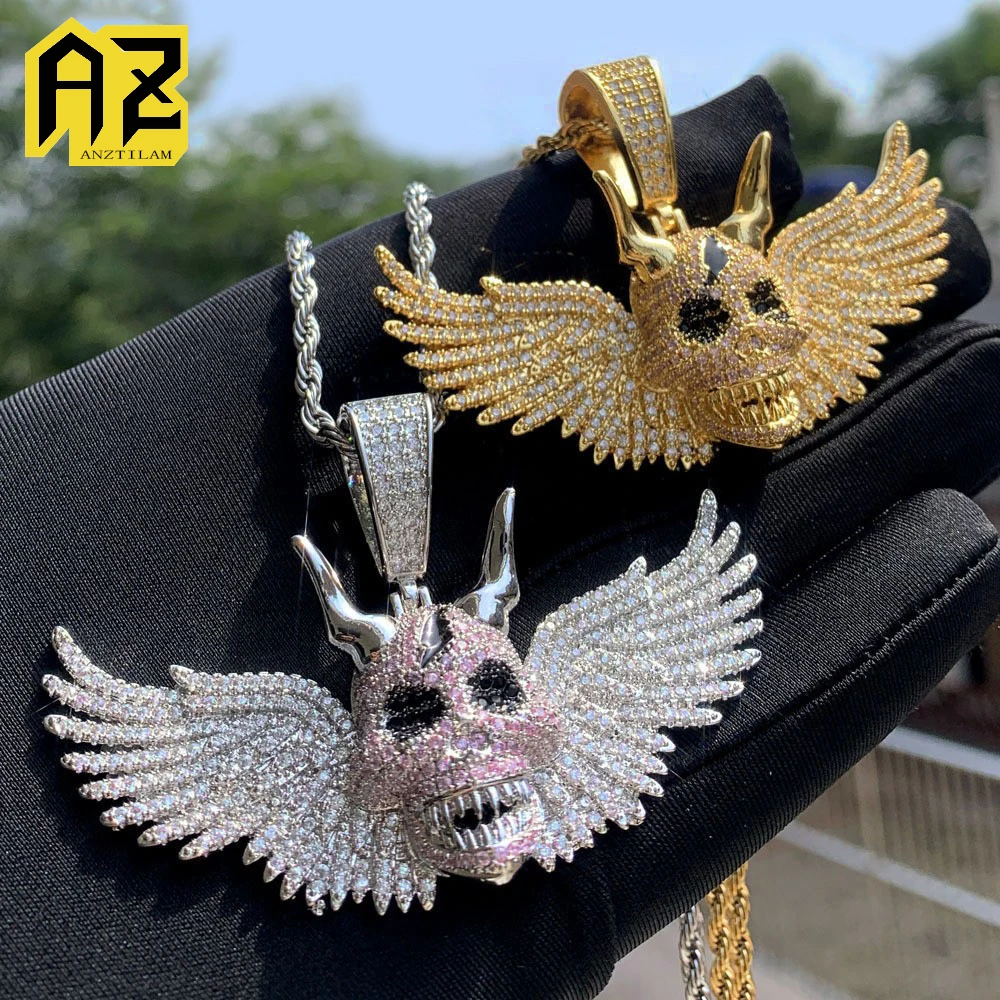 

Anztilam Skull Wing Iced Out кулон ожерелье с веревочной цепочкой ожерелья для женщин мужчин латунь циркон панк хип-хоп ювелирные изделия