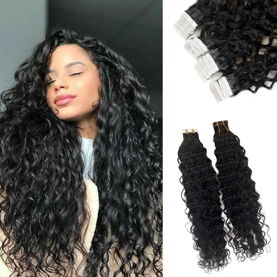 Cinta de ondas profundas de Agua Negra, extensión de cabello humano 100%, trama de piel de cabello brasileño, cinta de 20 piezas de cabello rizado