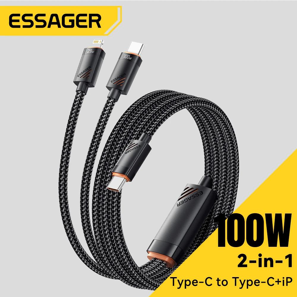 

Essager 100 Вт Typc C to Type C Cable PD Fast Charging для iPhone Huawei Laptop Tablet 2 в 1 Type C To Lightning Charging Cable