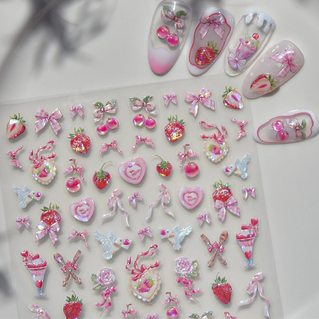 Mooie rode appel kawaii kat luipaard ster kant strik lint aardbei kersen roze hart roos nail art stickers manicure stickers