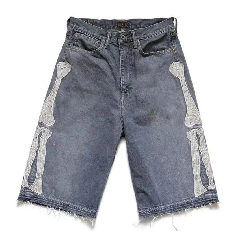 KAPITAL Hirata Hohiro Loose Casual Pants Embroidered Bone Printed Washing Water Used Raw Denim Shorts for Men and Women