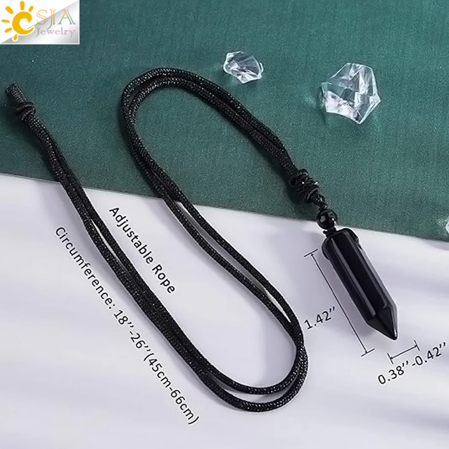 CSJA Hexagonal Natural Stone Pendant Crystal Necklace for Women Men Amethyst Tiger Eye Black Obsidian Adjustable Rope Chain H477
