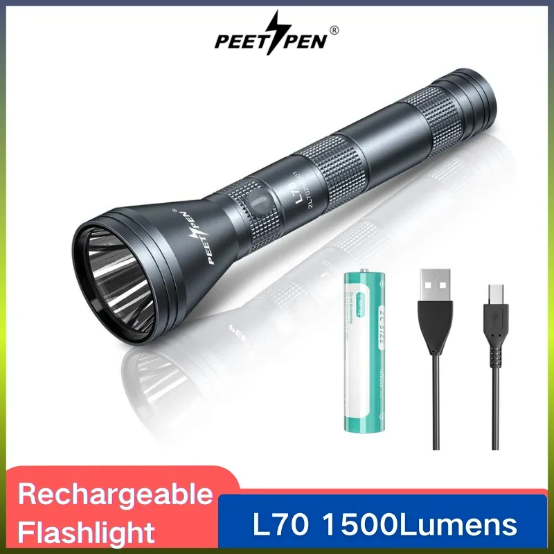 PEETPEN L70 LED Flashlight Rechargeable 1500 Lumens 4 Modes Torch 2-Cell C Full Size Heavy-Duty Light for Walking Hiking