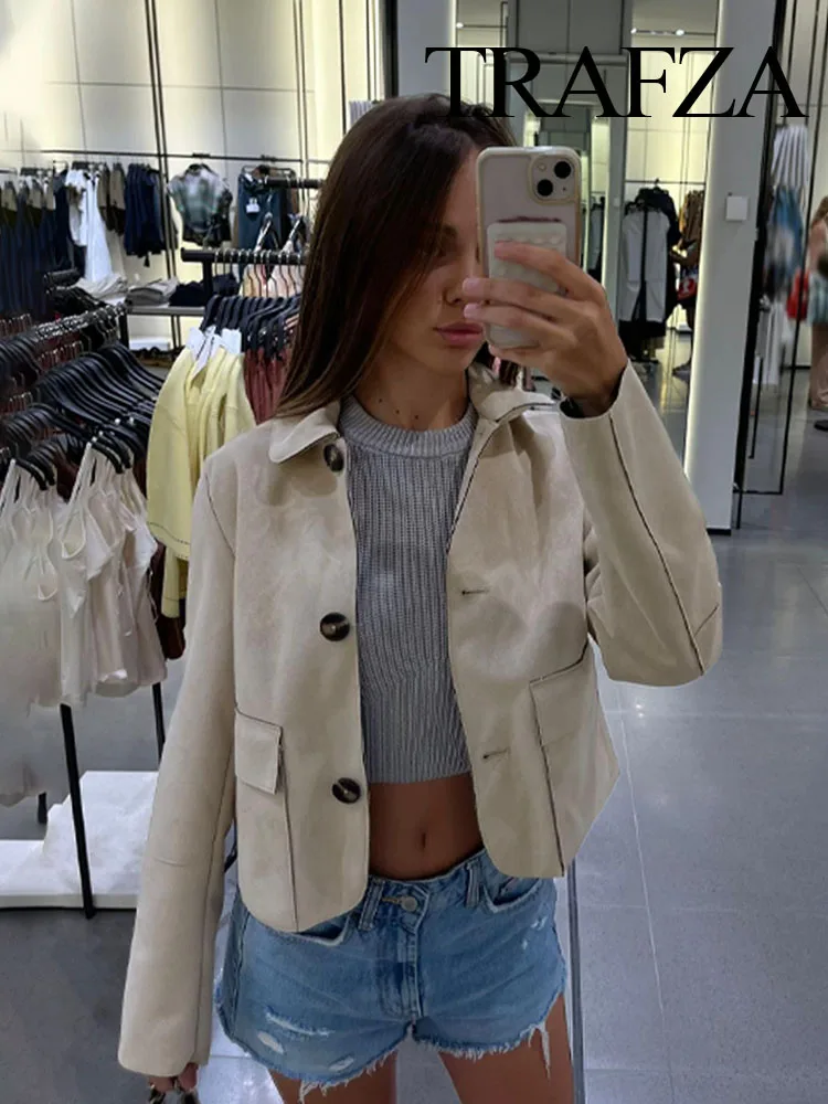

HH Woman Elegant Solid Lapel Single-breasted Pockets Casual Slim Street Style Jackets Autumn Women Fashion Short Jacket