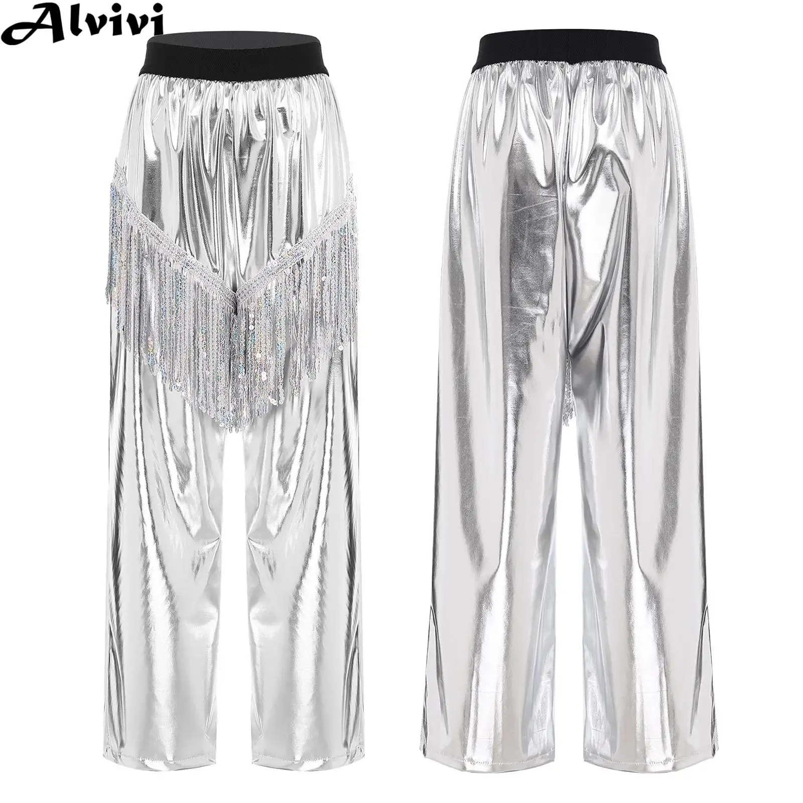 Women Disco Hip Hop Jazz Dance Performance Pants Metallic Shiny Sequin Tassels Loose Straight Trousers Clubwear Streetwear