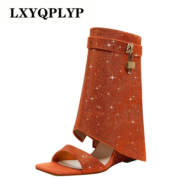 2023 Women's Spring and Summer New Fashion Sexy Rhinestone Wedge Heel Middle Sleeve Cool Boots Occidental Banquet Show Shoes