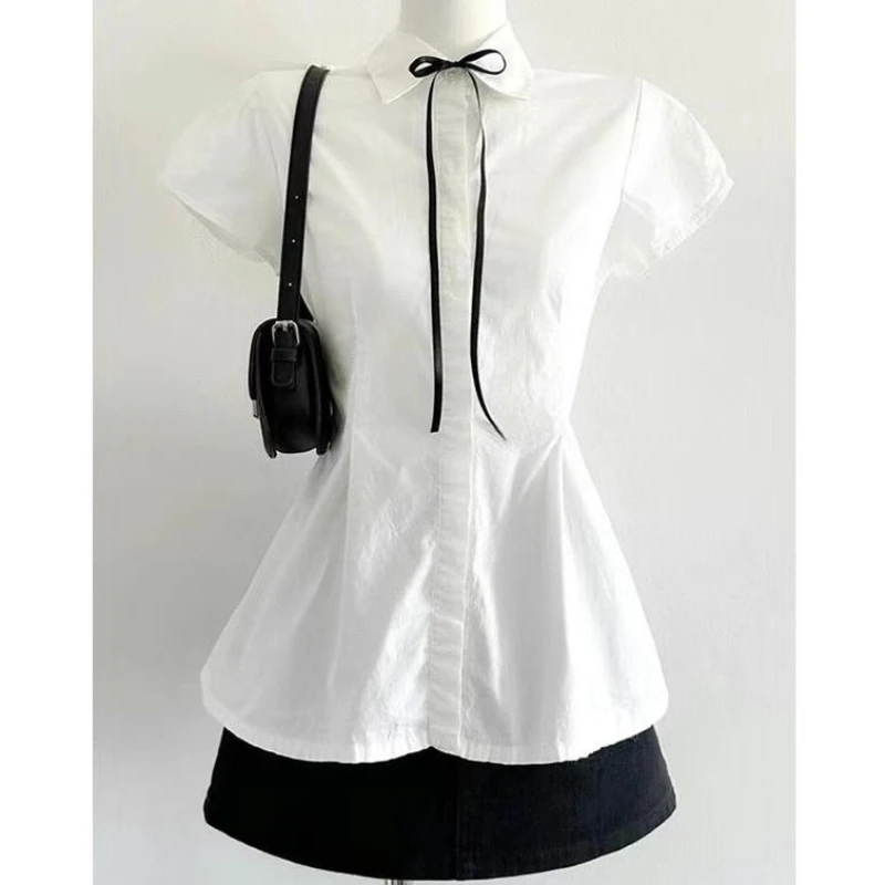 Deeptown Elegant Sweet White Blouse Women Bow Preppy Style Kawaii Lolita Shirts Vintage Japanese Short Sleeve Shirts Aesthetics