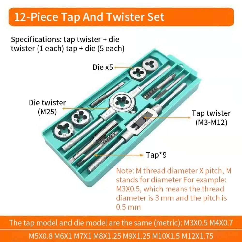 

8/12/20Pcs Multi-specification Metric Hand Tap and Die Set​​ Tool Kit​​ Plumbing & Pipe Fitting​​ Tap Wrench Metric System