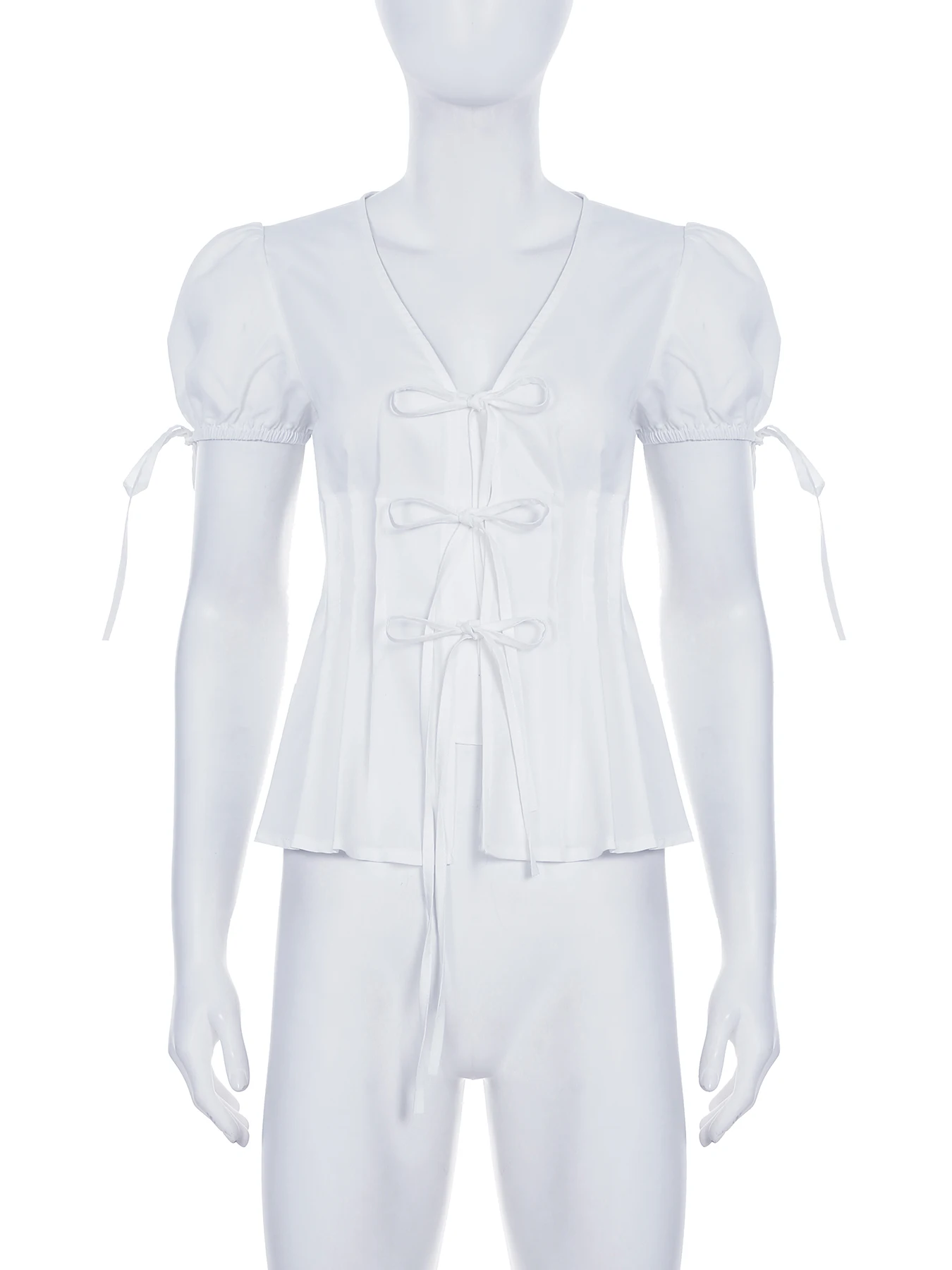 IAMSURE Elegant Fashion Solid Split Blouse Slim Bandage V-Neck Puff Sleeve Shirts Women 2025 Summer Fashion Streetwear Ladies