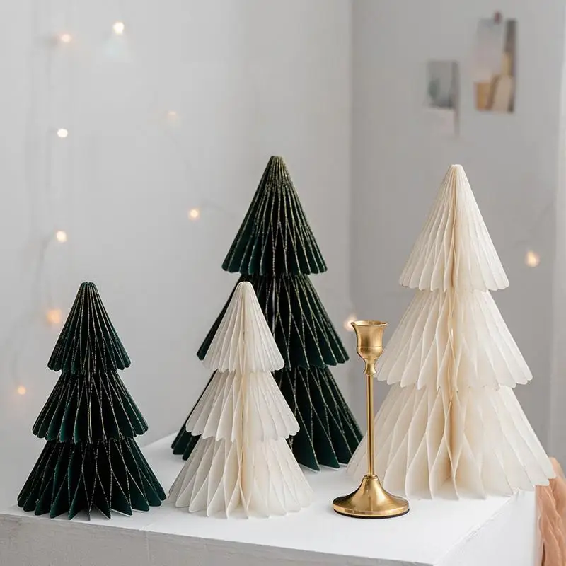 2Pcs Paper Christmas Tree ins Honeycomb Trees Table Centerpiece Modern Mantel Decorations Xmas Holiday Party Home Decor