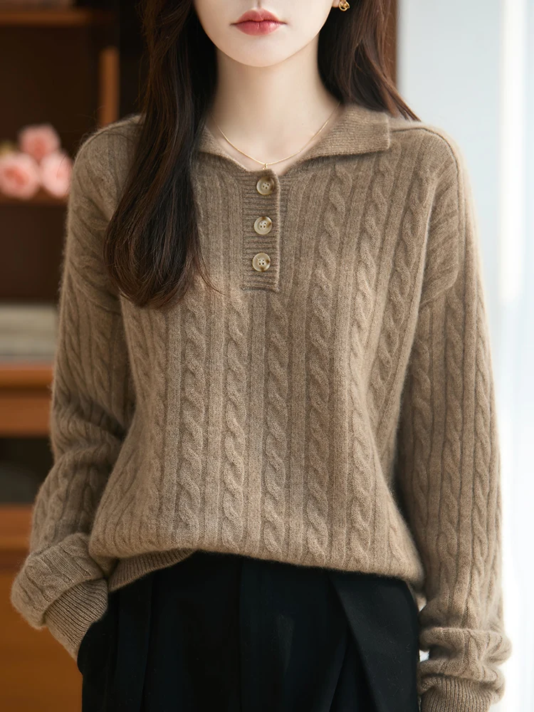 

Women Polo Neck Pullover 100% Merino Wool Knitwear Sweater Autumn Winter Twist Long Sleeve Comfortable Popular Pure Wool Tops