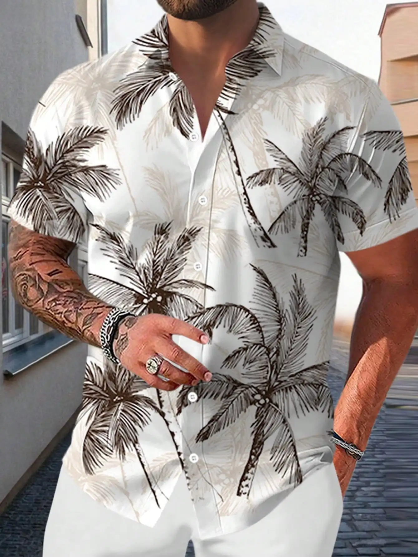 

Men's Short Sleeve Casual Shirt with Palm Tree Print for Summer Vacation