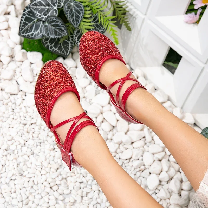 Elegant Children Sandals Wedding Party Glittery Girls' Princess Dress High Heels Shoes Cross Straps Kids Sparkly Leather Shoes