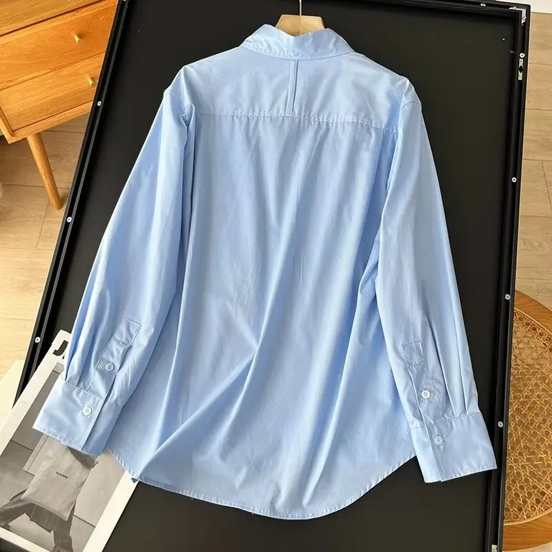 Withered British Fashion Women's Casual Shirt Autumn Retro Boyfriend Wind Cotton Large Pocket Loose Blue Shirt Women