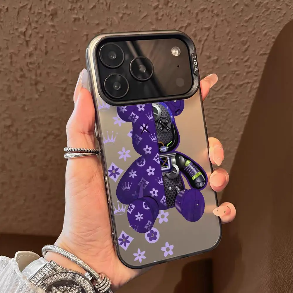 حافظة هاتف آيفون 17 16 15 14 13 12 11 برو ماكس أسود أرجواني ماتي ليزر معدني أورورا فوندا الروبوتات الفاخرة الدببة