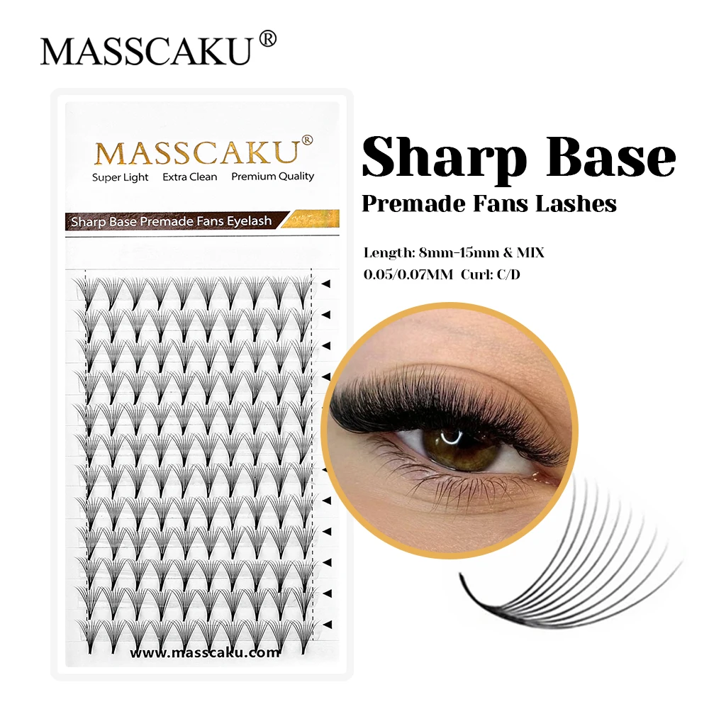 

High Quality MASSCAKU 8-15mm and Mix Length Faux Mink Sharp Narrow Stem Eyelash Rapid Grafting Thin Root Pointy Base Lash Trays