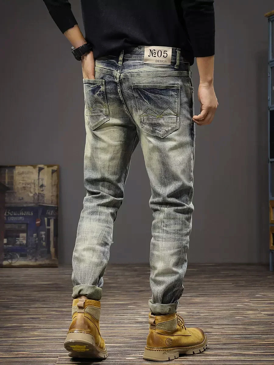 Fashion Designer Men Jeans Retro Trousers Stretch Elastic Slim Fit Ripped Jeans Men Patched Vintage Casual Denim Pants Hombre
