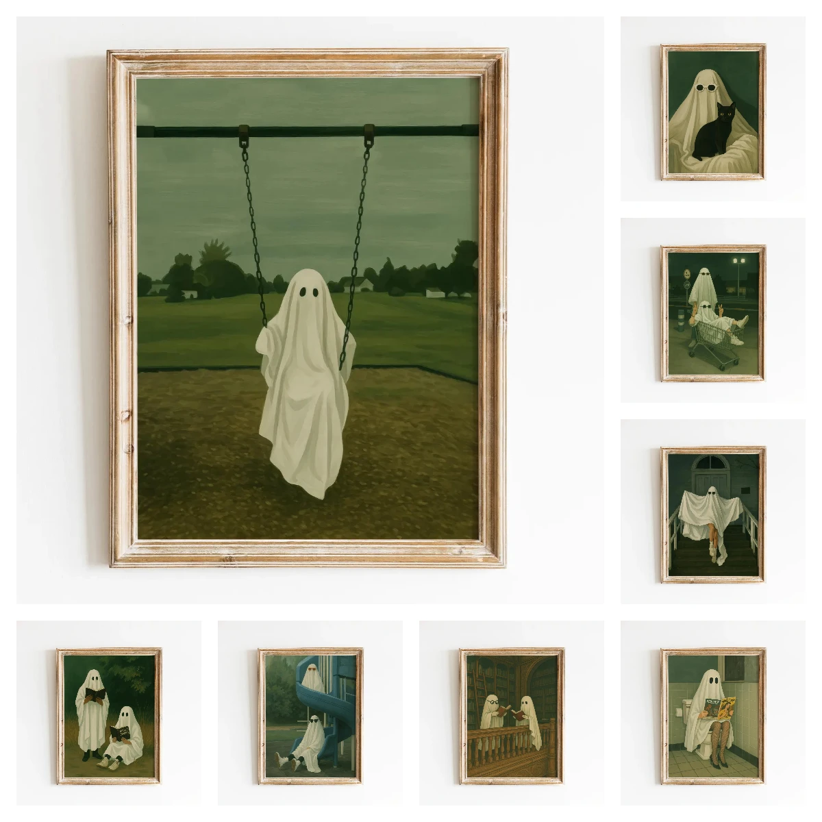 Lonely Ghost on Swing Canvas Prints Spooky Minimalist Wall Art Poster Unframed Green Background Ghost Poster for Bedroom Decor