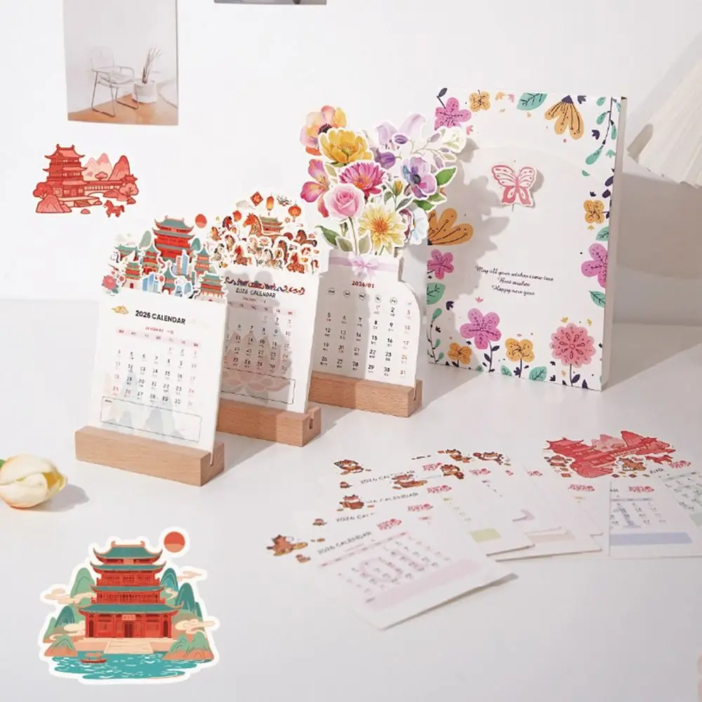 

Wooden Base 2026 Desktop Calendar Vase Shaped Detachable Base Bloomy Flowers Desk Calendar DIY Date Display Monthly Planner