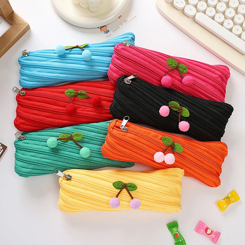 Cute Girl Multicolor Cherry Pencil Case Large Capacity Zipper Nylon Pencil Case Student Stationery Multifunction Storage Pen Bag
