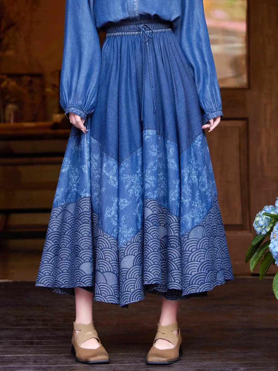 

Women's Clothing Vintage Skirts Spring And Summer Spliced Large Swing Elastic Waist Half Skirt Denim Long Skirt
