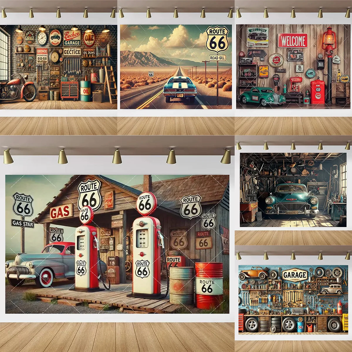 

Vintage Historical Route Route 66 Gas Station Banner Background Super Antique Car Tool Garage Scene Decoration Banner Backdrop