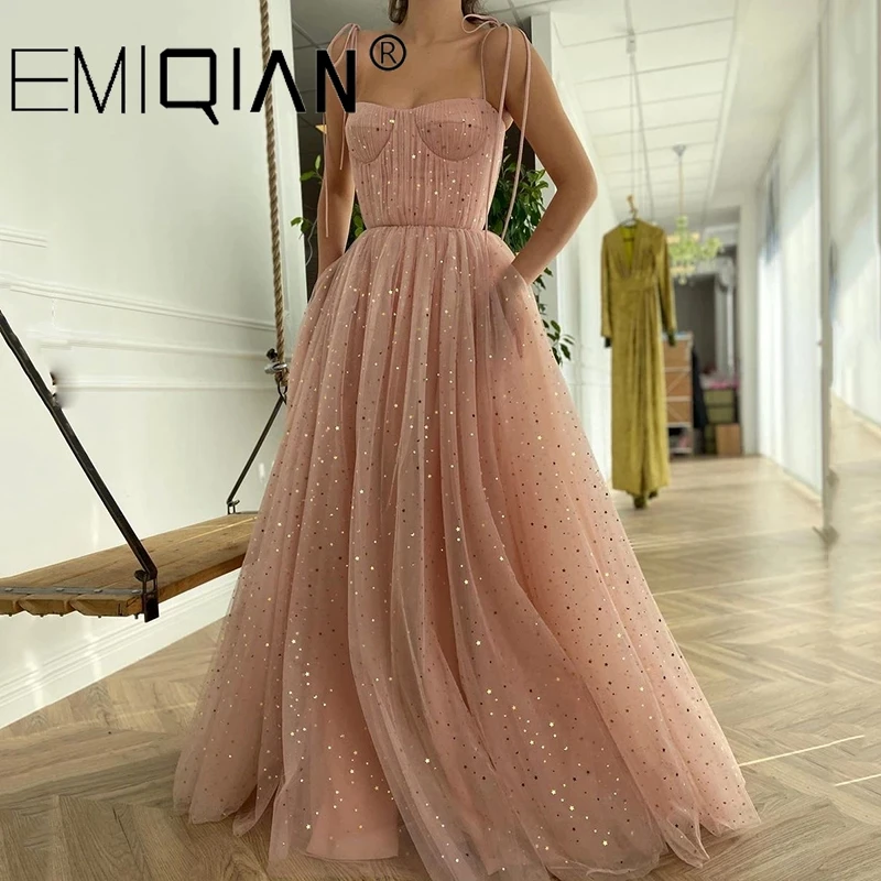 

Spagetti Straps Pink Stars Sequin Long Prom Dress A Line Sweetheart Celebrate Dress Pleated Draped Arab Evening Dress