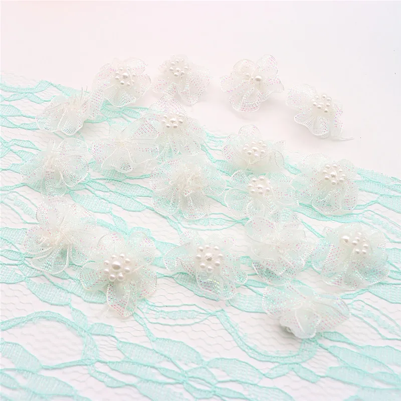 3CM Pearl Gauze Flower with Five Petals Diy Solid Beads Snow Gauze Flower Clothing Accessories Headwear Accessories 25pcs 50pcs