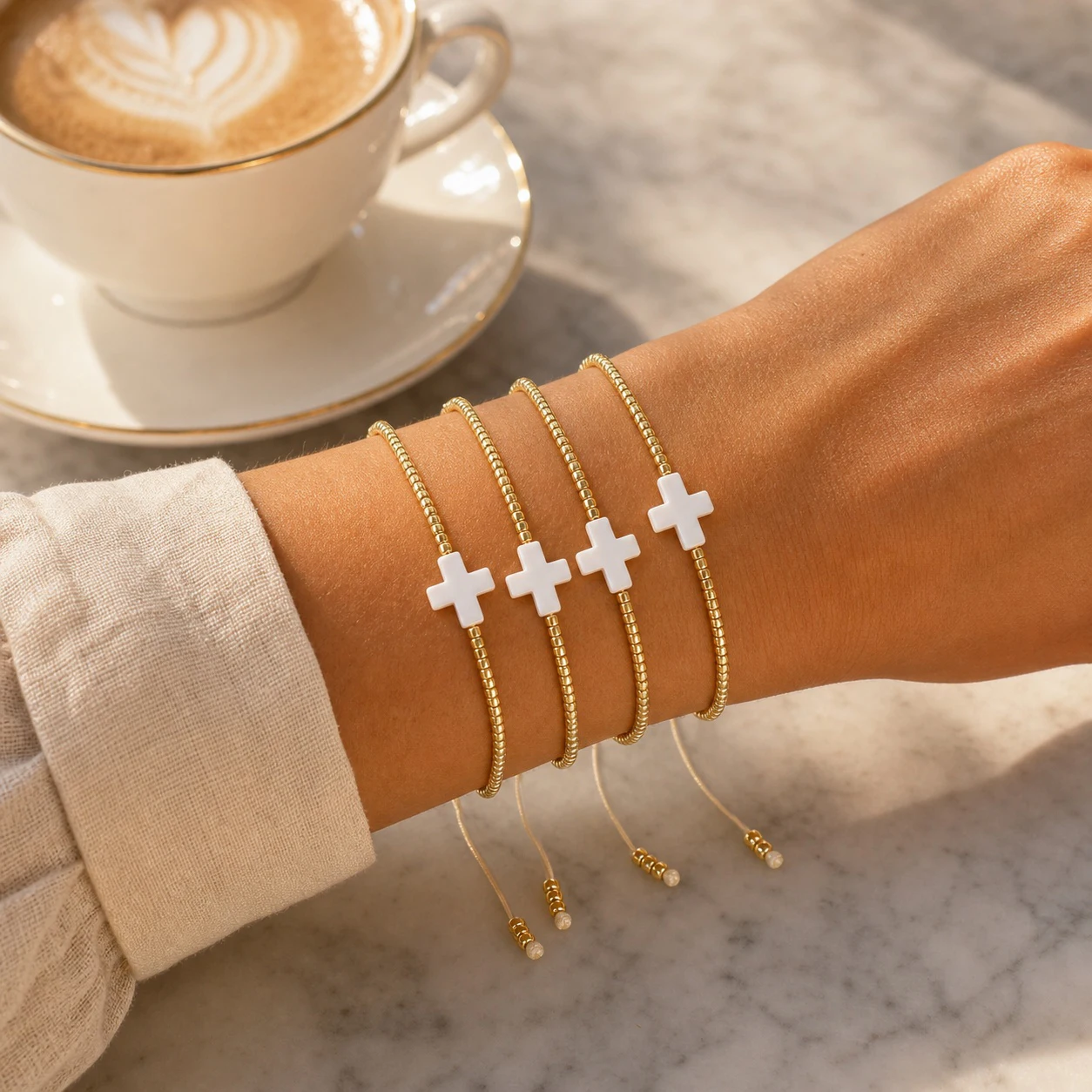 4pcs Women's Christian Cross Glass Beaded Bracelet White Cross Charm Layered Adjustable Tie Closure Minimalist Style