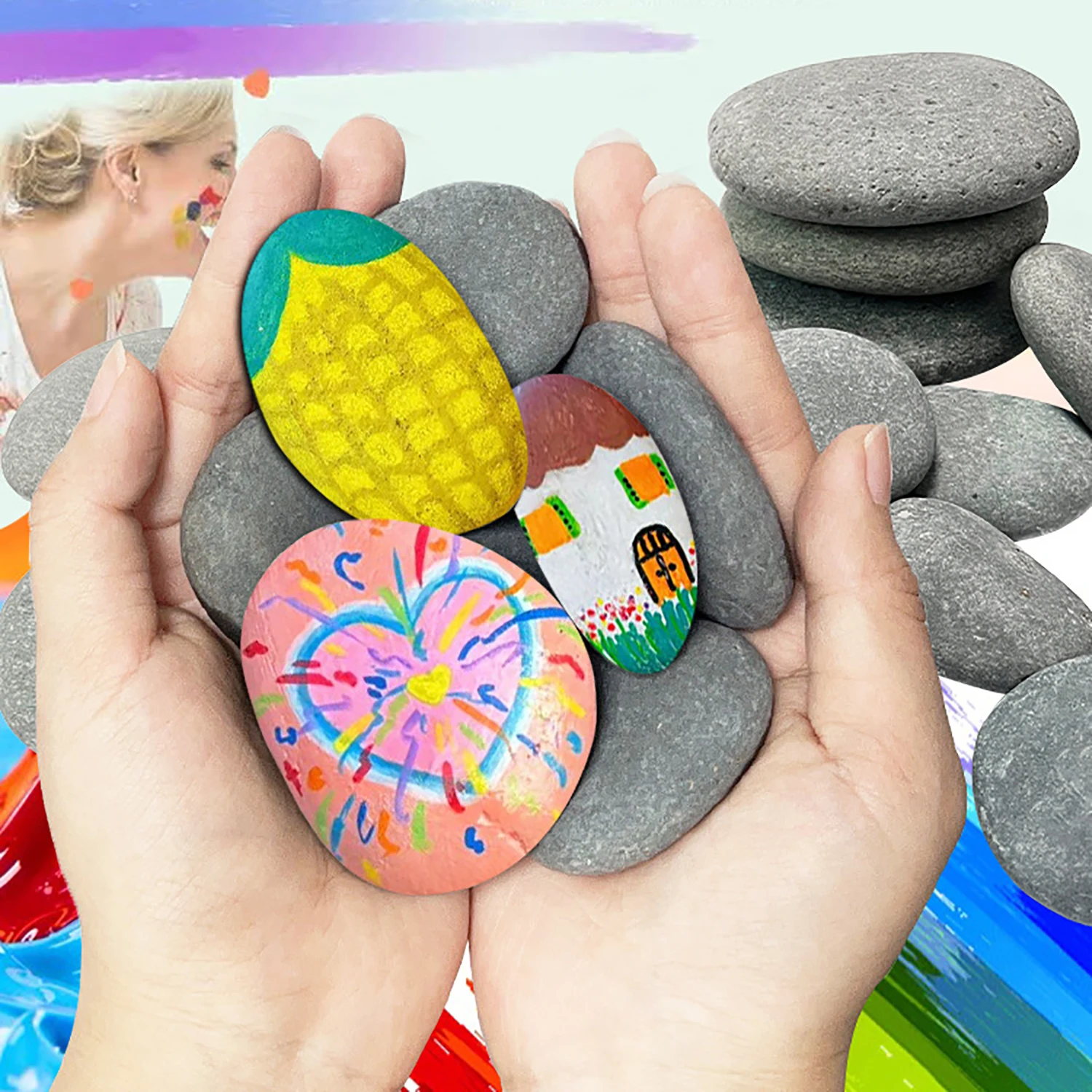 5Pcs 3~5cm 5~7cm Natural Stones Flat Smooth Pebbles Art Painting River Rocks for Kids Adult Rock Painting Kit DIY Art Supplies