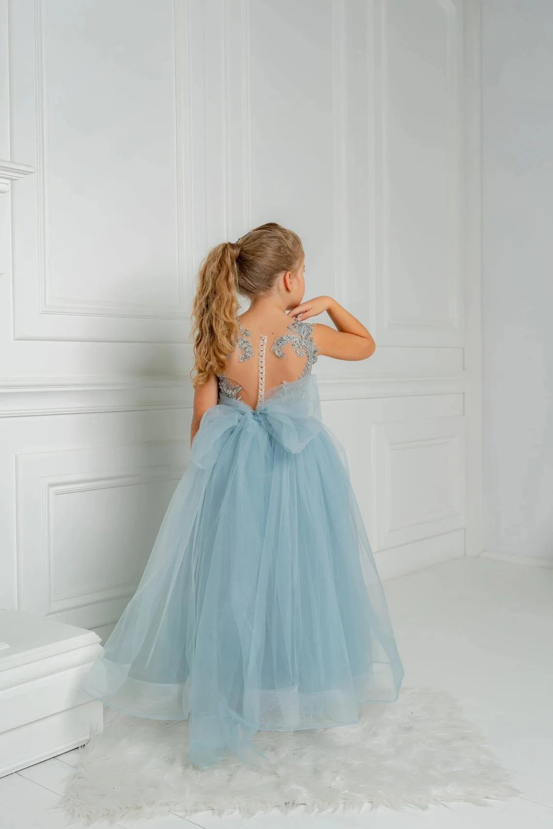 Fatapaese Blue Bruidsmeisje Jurk Voor Meisjes Kids 9Yeasrs Crystal Appqulies Illusion Backless Baljurk Wedding Party Bloem Meisje