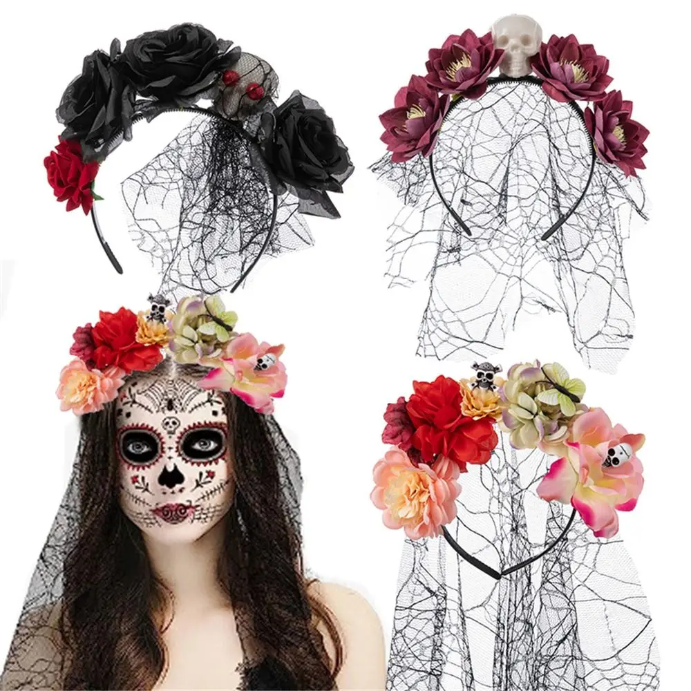 Halloween Rose Flower Headband Mexican Flower Crown Headpiece with Black Veil Party Costume Cosplay Headwear Decoration