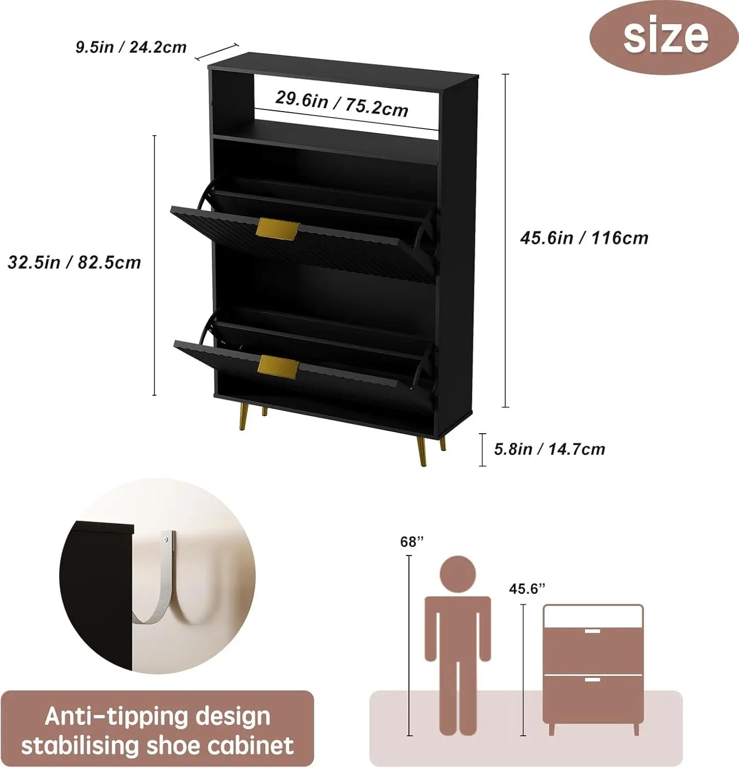 Deco Shoe Storage Cabinet for Entryway, Wooden Organizer Shoe Cabinet with 2 Flip Drawers, Elegant 2 Tier Freestanding