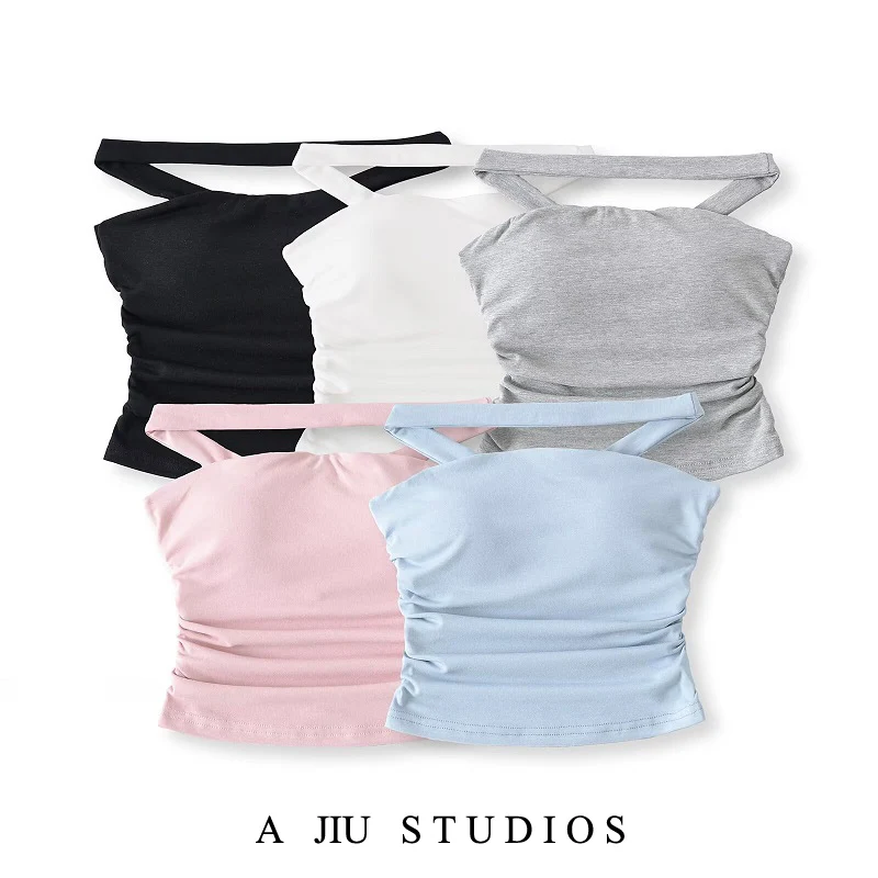 Clássico design bidirecional cinta colete feminino verão com almofada no peito sensação nua interior wear sexy versátil ort topo