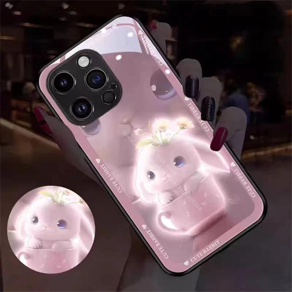 Pretty Pink Hat Bunny LED Light Up Phone Case Glowing Back Cover For iPhone Air 17 16 E 15 14 13 12 11 Pro Max XR XS Plus