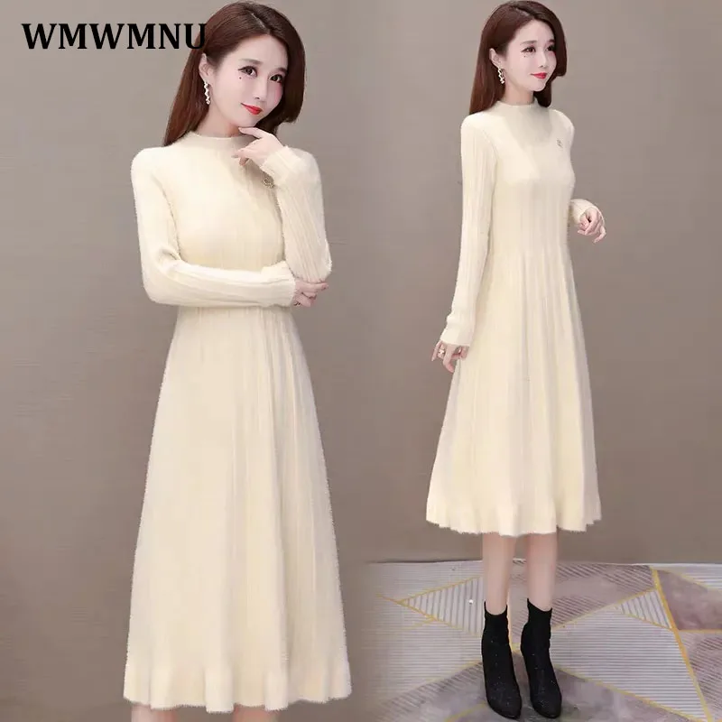 

Winter Warm Imitation Mink Cashmere Dress Women Elegant Half Turleneck Knitted Sweater Dresses Casual Slim Midi Vestido De Mujer