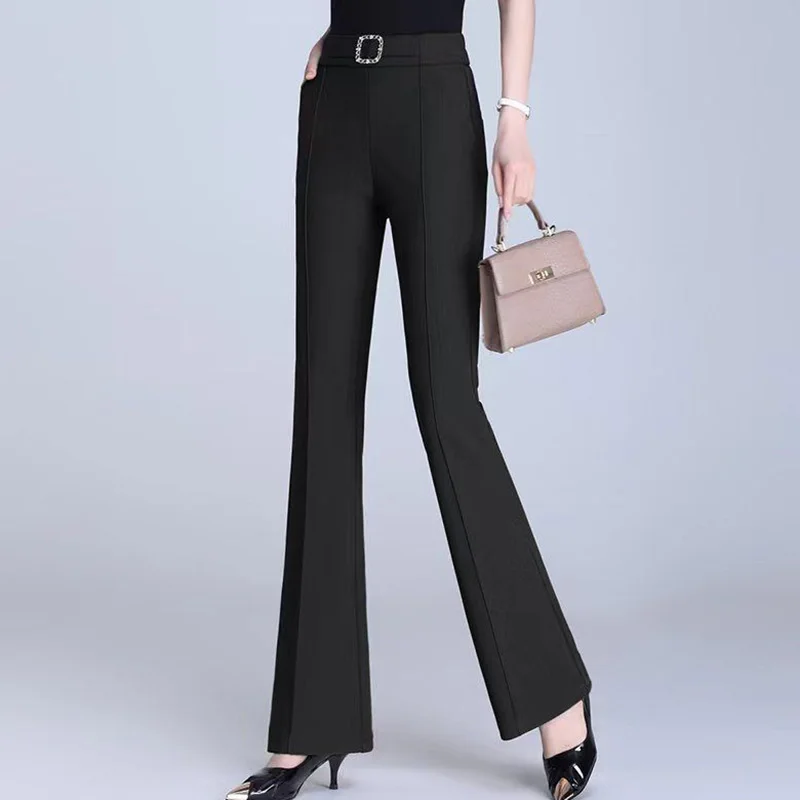 Imagem -02 - Calça Solta Elástica de Cintura Alta Feminina Bolsos Emendados Senhora do Escritório Deslocamento Monocromático Casual Moda Novo Outono 2023