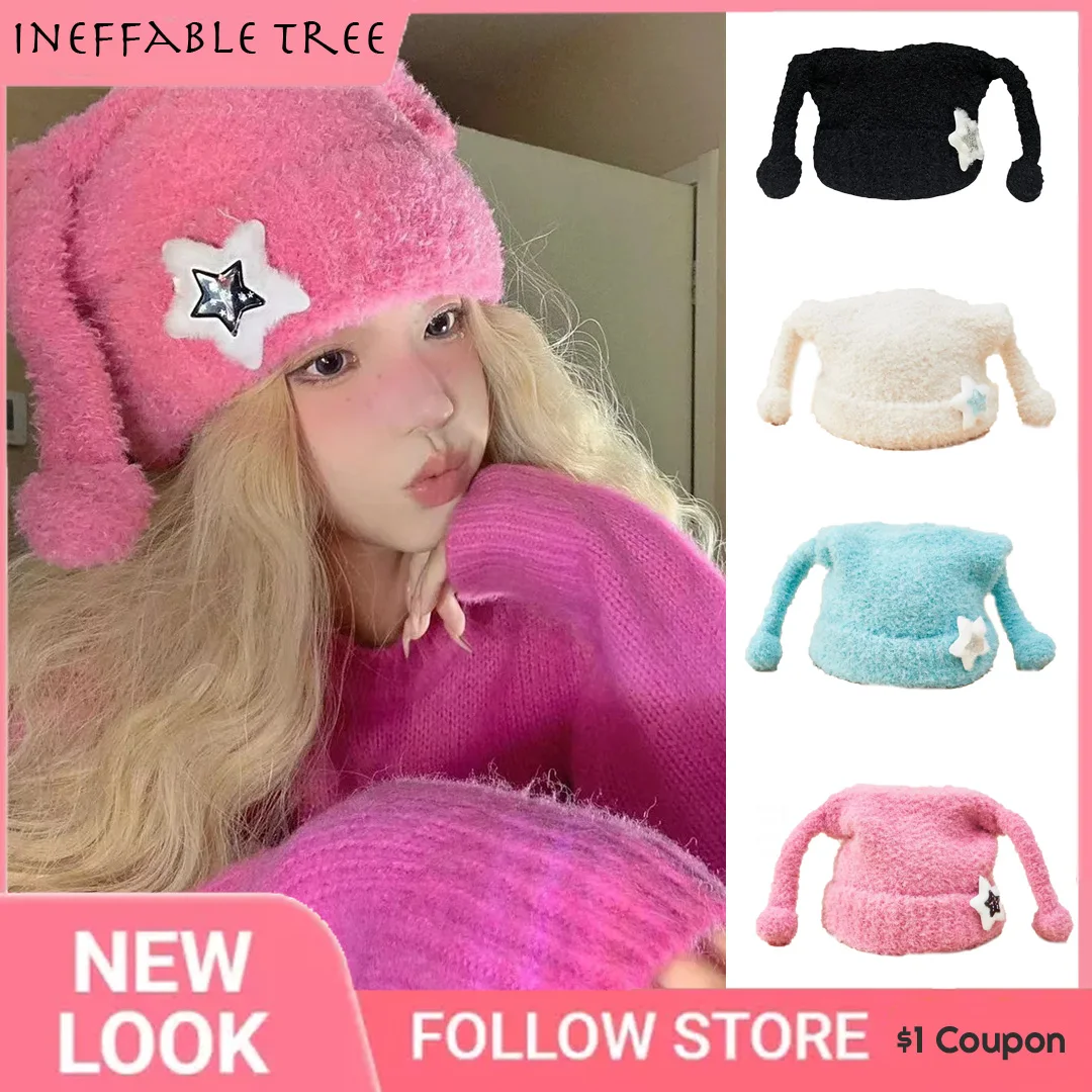 

Y2K Sweet Cute Little Tentacles Pullover Skullies Beanies Hats for Women Autumn Winter Streetwear Thermal Ear Protection Caps