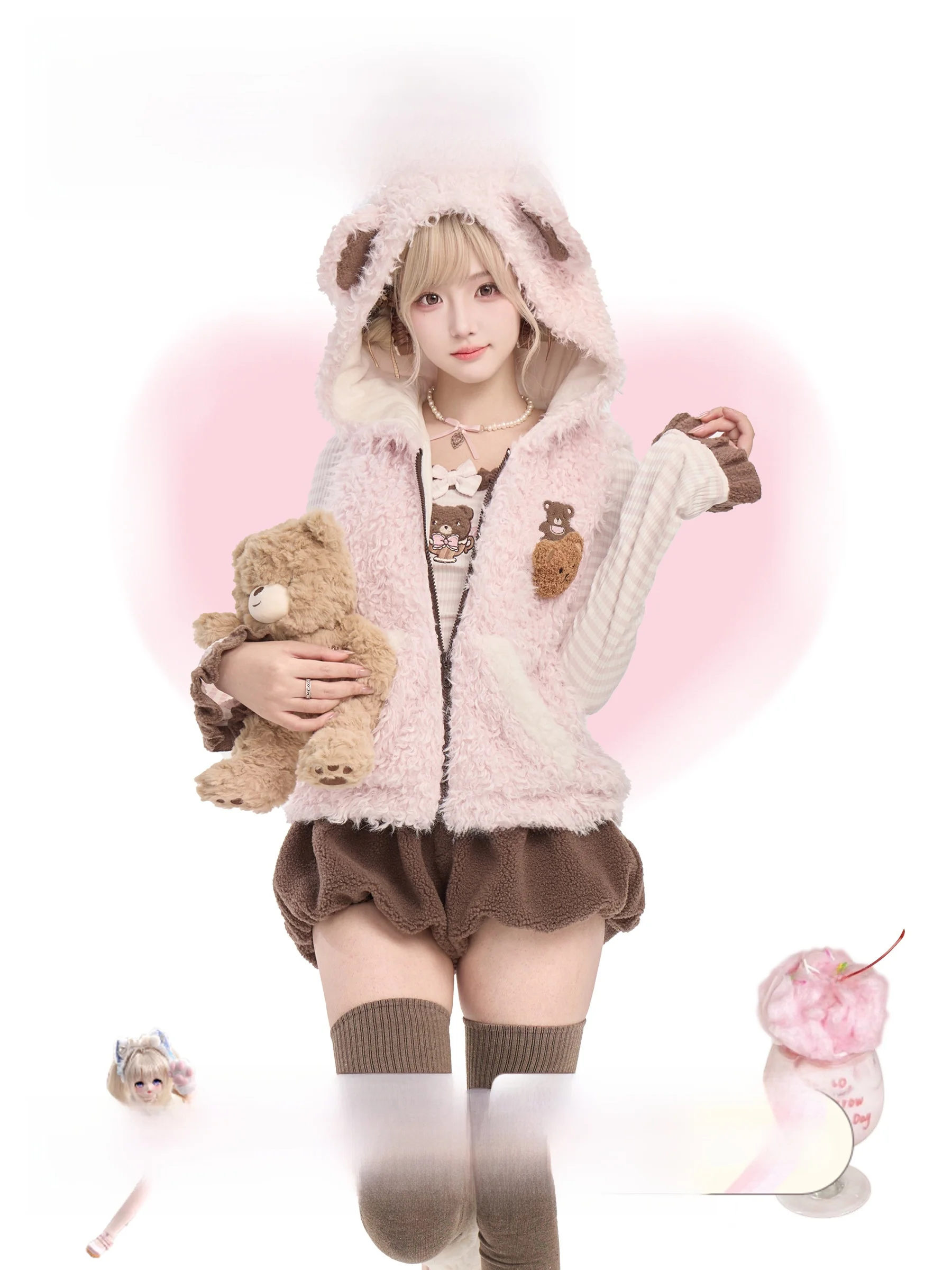 

Girls nut Stberrie Long Sve Knitted Furry Vest And orts Set Spring Collection Stand Fit Hat Design Zipper Closure