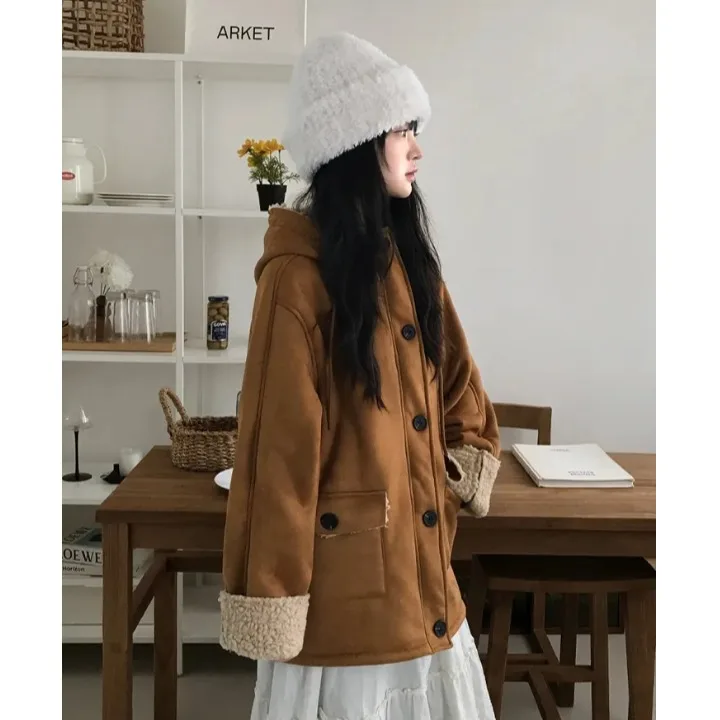 Retro Fur Cotton Jaet Hooded Dstring Women's Outerwear Korean Sle Spring Autumn Winter Casual Faion Streetwear