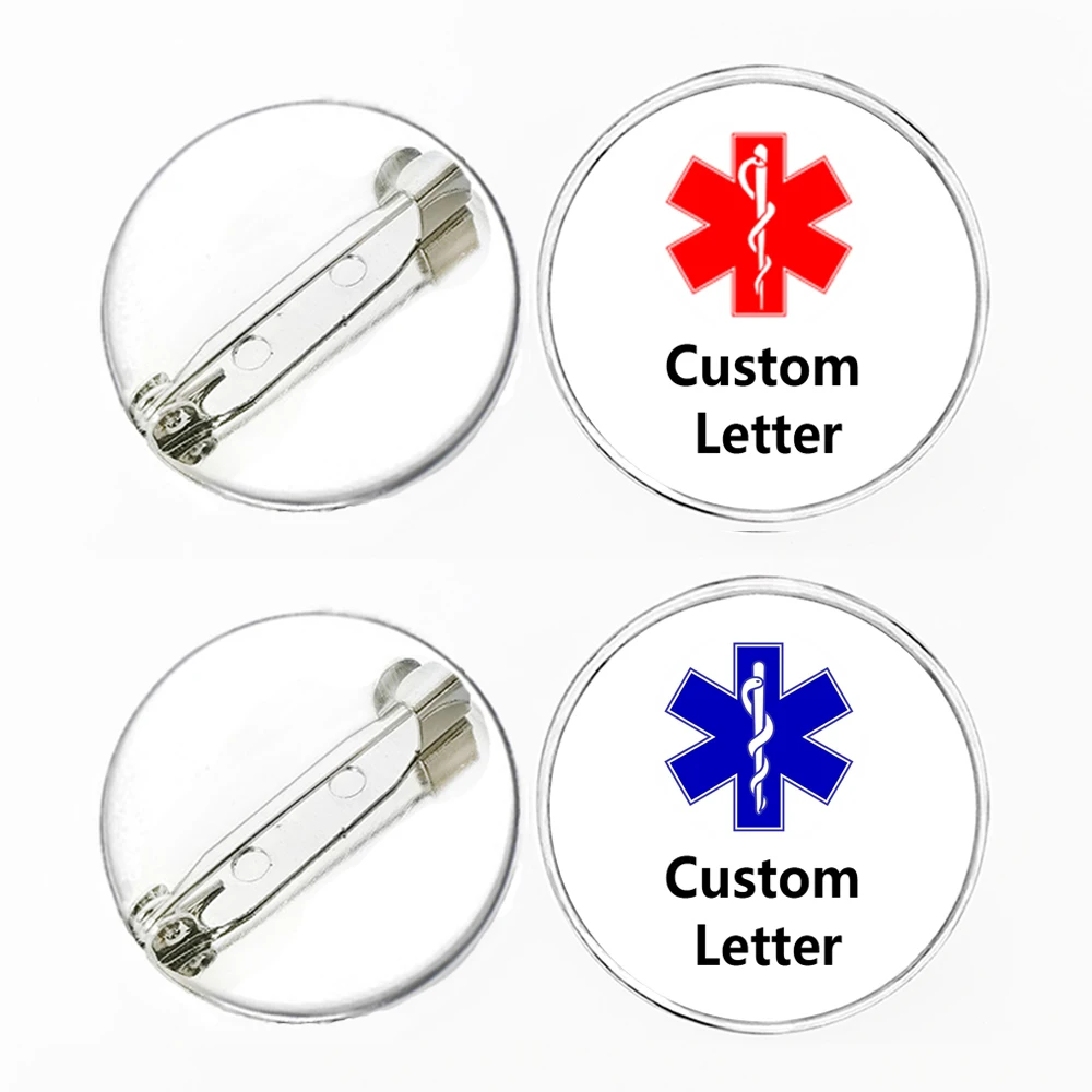 Emergency Medical Alert Pin Seafood Peanut Penicillin Allergy Life Star EMT Sign Glass Brooch for Men Women Doctor Nurse Badge