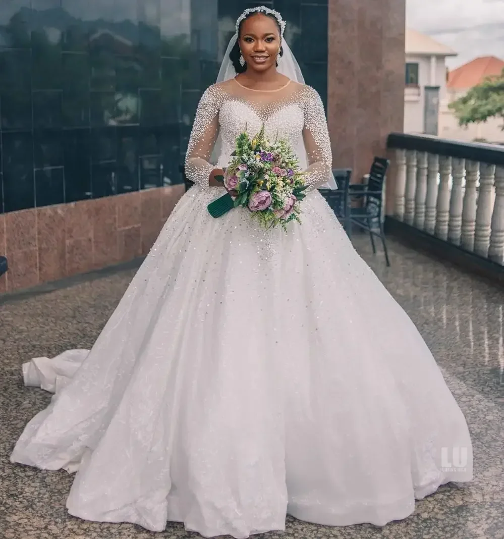 Vestido De novia personalizado con perlas brillantes, vestido De novia con ilusión De manga larga, Vestidos De novia con corsé con espalda abierta