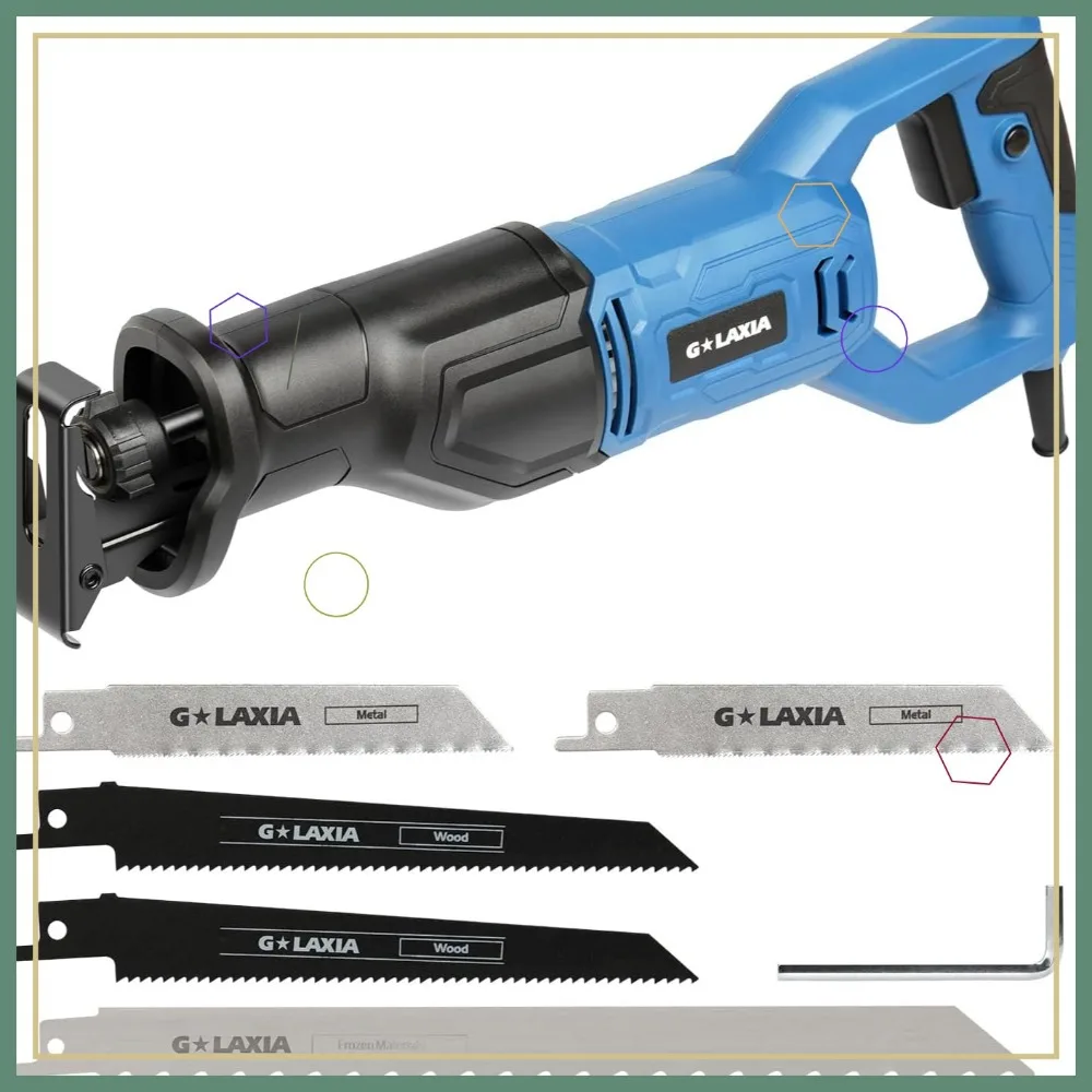 6Amp 2800RPM Variable Speed Reciprocating Saw with 4/5" Stroke, 3 Blades for Wood & Metal Cutting