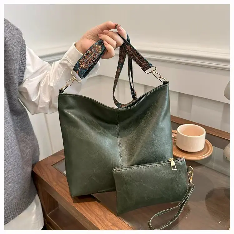 Damen-Eimer-Einkaufstaschen-Set aus Retro-PU-Material, verstellbarer breiter Riemen für den täglichen Bedarf, mit modischem Reißverschluss und Polyesterfutter – Detail 7