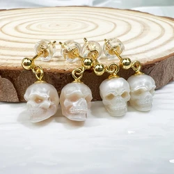Fashion 925 Sterling Silver Hand Carved Skull Freshwater Pearl Stud Earrings for Women Gothic Wedding  Jewelry