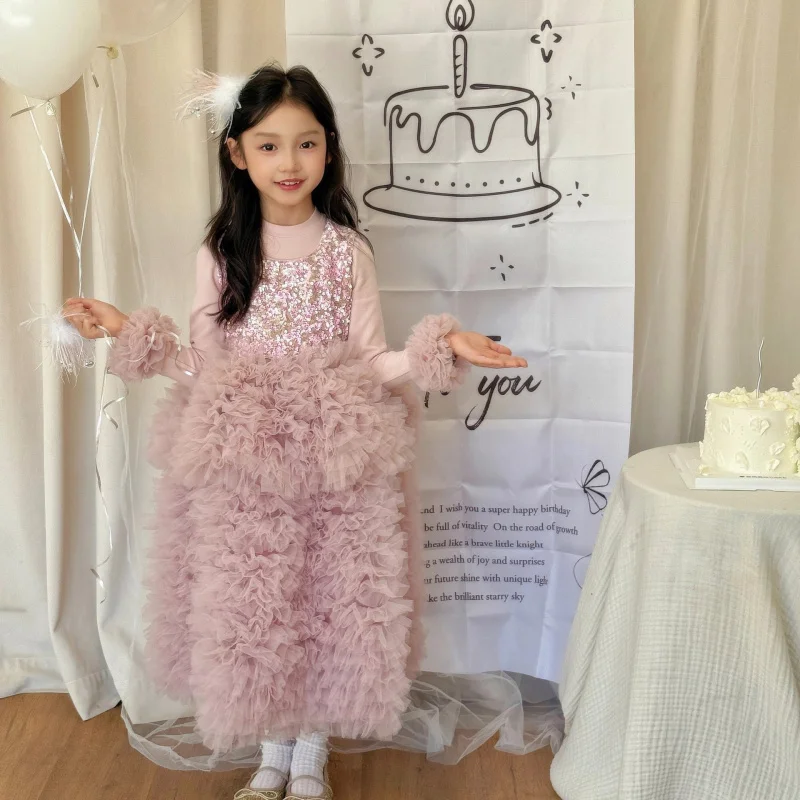 

Girl's Princess Dress25Autumn and Winter High-end Pink Sequin Cake Dress Princess Gown Birthday Tank Dress
