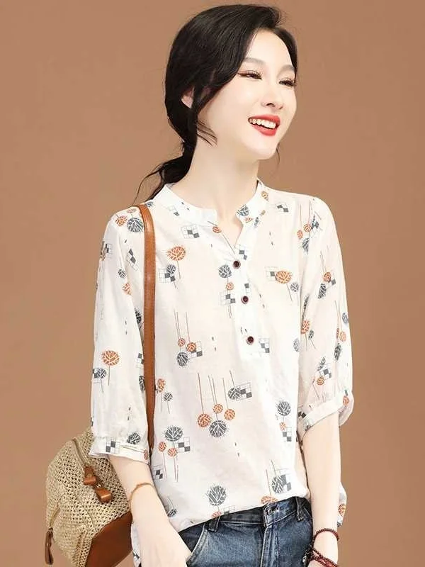 

Women's Standup Collar Printed Shirt Casual Style Summer New Fashion Cotton Blend Resistant to Deformation Floral Pattern