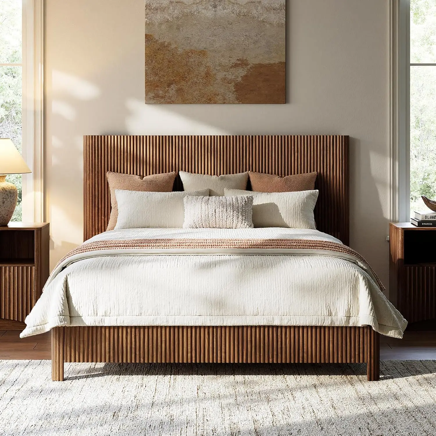 #￥Walnut Queen Platform Bed Frame Fluted Mid Century Modern Boho No Box Spring Wavy Grooved Panel, Customized