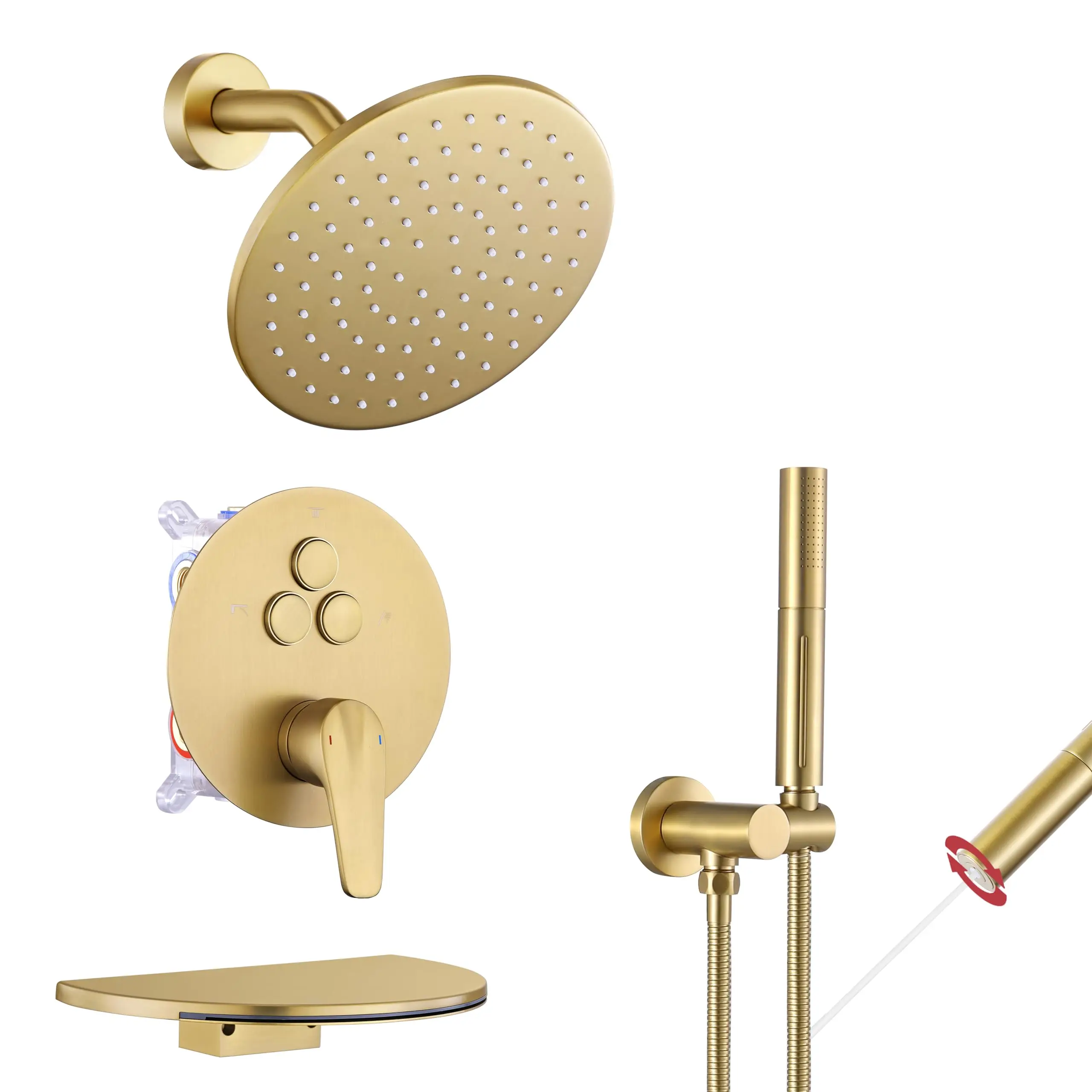 

Matte Gold Shower Faucet Set With Push Button Diverter 12 Inch Wall Mount Rainfall Head And Handheld