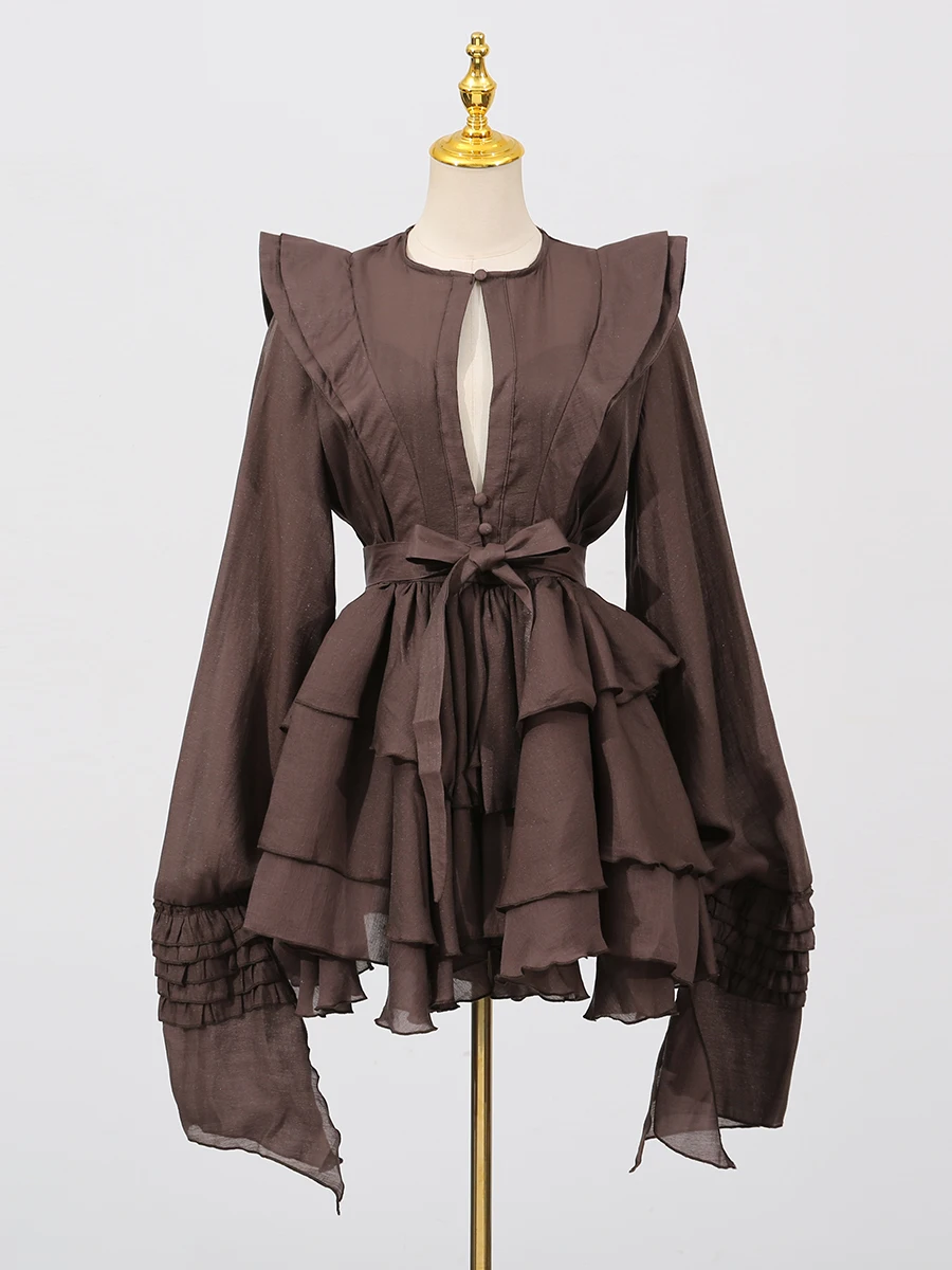 VGH เซ็กซี่ Patchwork Hollow OUT ชุดพัฟสําหรับผู้หญิงรอบคอโคมไฟแขนยาวเอว Spliced Lace Up ชุดเดรสหญิงใหม่